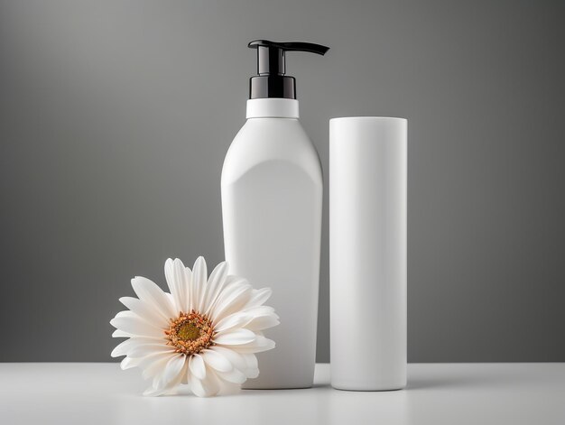 Mockup di prodotto per la cura della pelle set creativo su sfondo bianco con fiore
