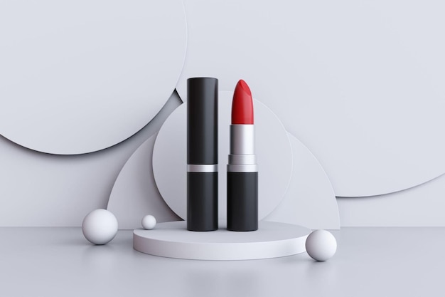 Mockup di rossetto in piedistallo bianco e forme geometriche astratte