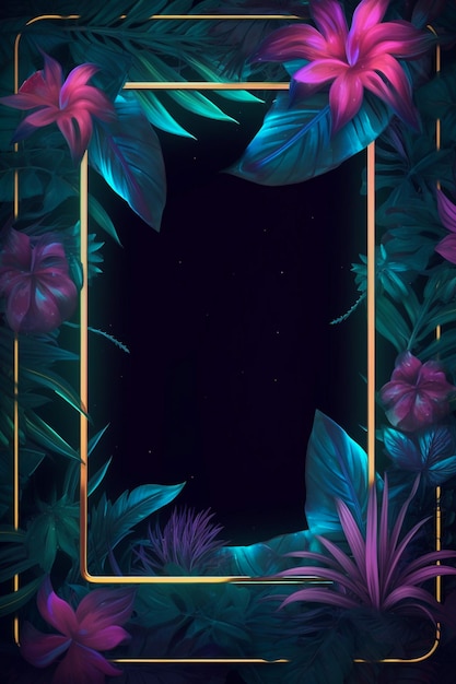 Mockup di rrame al neon con foglie e fiori tropicali Generative ai