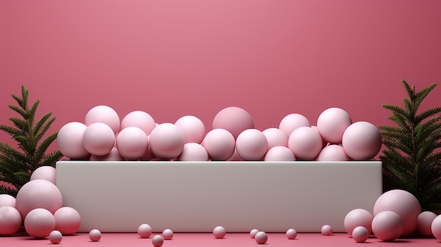 Mockup di scatola bianca e palline su sfondo rosa