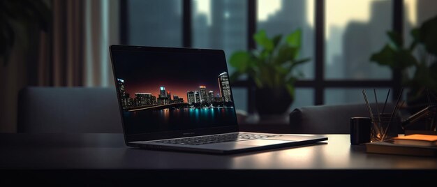 Mockup di scrivania da ufficio con schermo portatile nero vuoto per laptop AI generativa