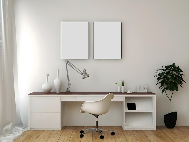 Mockup di scrivania o home office con 2 cornici vuote, tavolo bianco e parete bianca