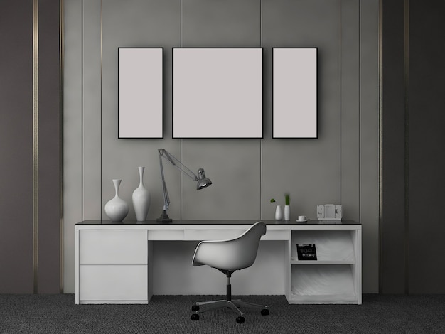 Mockup di scrivania o ufficio domestico con 3 diverse cornici vuote grigio parete moderna