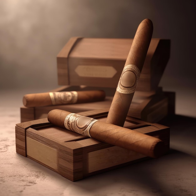 Mockup di sigari di lusso di Cuba Banner pubblicitario Fumare prodotti e casse di tabacco Dimostrazione Merci esclusive Illustrazione generativa di AI