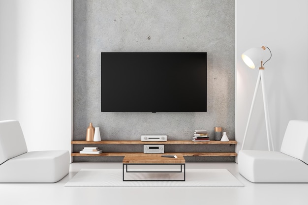 Mockup di Smart Tv appeso al muro di cemento nel rendering 3d di interni di lusso moderni