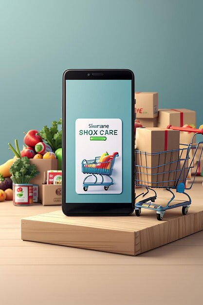 Mockup di smartphone con carrello del supermercato e scatole in rendering 3d realistico