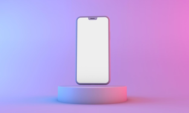 Mockup di smartphone con schermo bianco vuoto con illuminazione al neon 3D Render