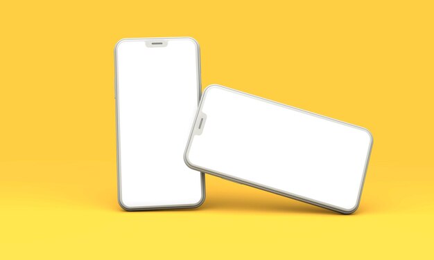 Mockup di smartphone con schermo bianco vuoto su sfondo giallo Rendering 3D