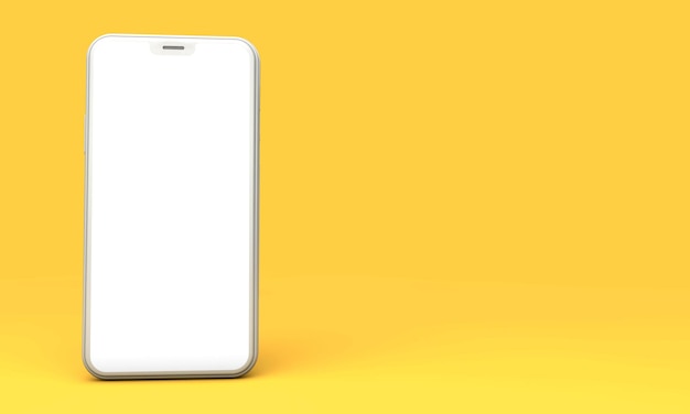 Mockup di smartphone con schermo bianco vuoto su sfondo giallo Rendering 3D