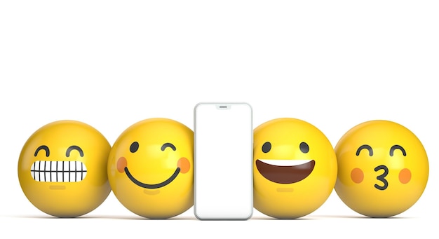 Mockup di smartphone con schermo vuoto e divertente carattere emoji d render