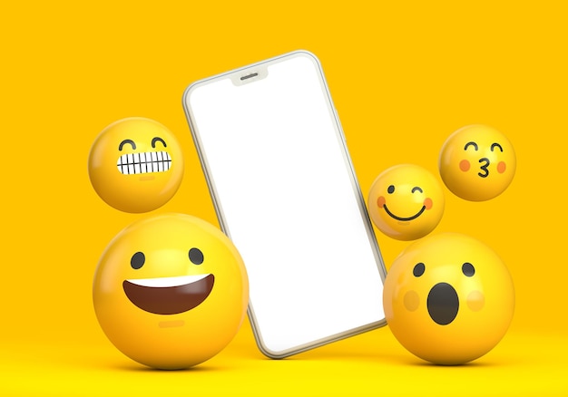 Mockup di smartphone con schermo vuoto e divertente carattere emoji d render