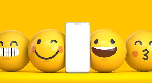 Mockup di smartphone con schermo vuoto e divertente carattere emoji d render