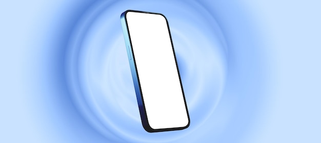 Mockup di smartphone in posizione ruotata telaio del telefono cellulare blu con schermo bianco vuoto per il design su sfondo blu astratto banner rendering 3d di alta qualità