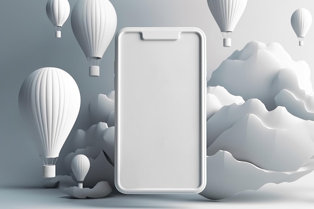 Mockup di smartphone moderno modello di telefono cellulare 3d con spazio vuoto sullo schermo per il branding su sfondo grigio creativo con palloncini e montagna AI generativa