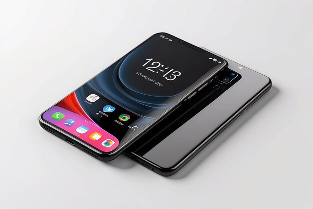 Mockup di smartphone nero a tutto schermo isolato su bianco con rendering 3D del display dell'orologio