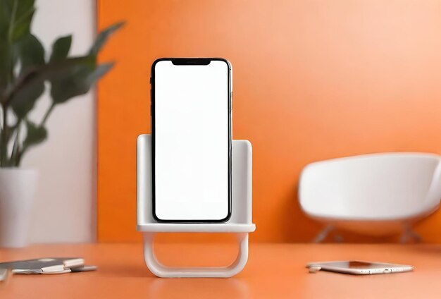 Mockup di smartphone presentato in un ambiente arancione minimo