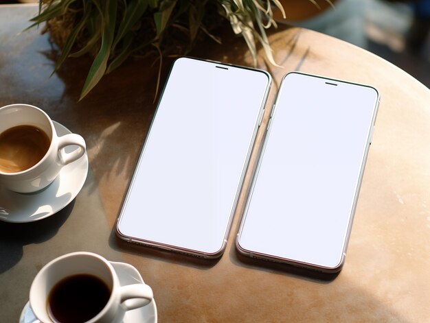 mockup di smartphone sul tavolo con schermo bianco vuoto