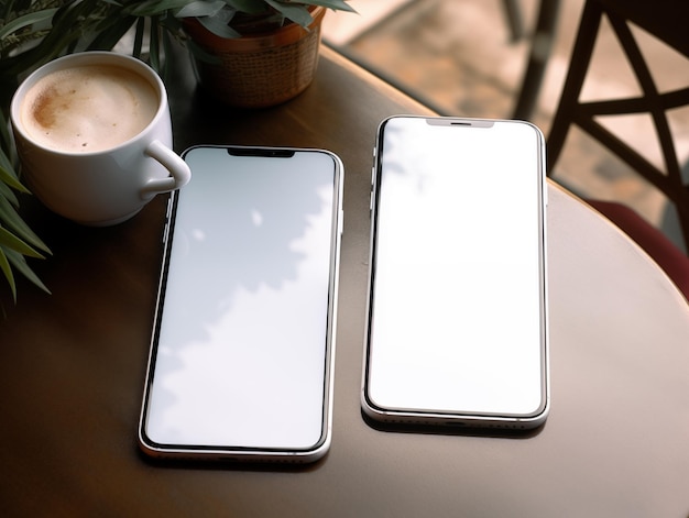 mockup di smartphone sul tavolo con schermo bianco vuoto