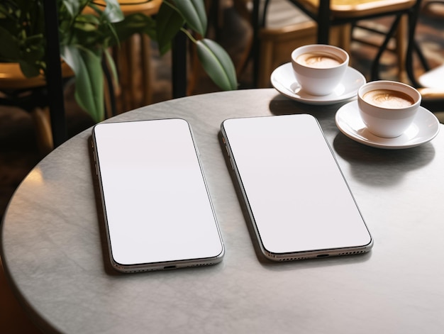 mockup di smartphone sul tavolo con schermo bianco vuoto