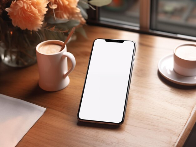 mockup di smartphone sul tavolo con schermo bianco vuoto