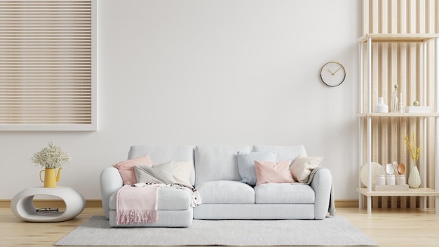 Mockup di soggiorno moderno in toni luminosi con divano su sfondo bianco