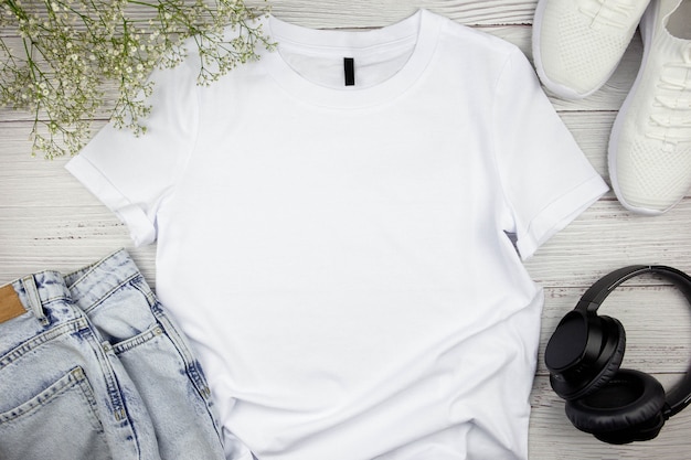 Mockup di t-shirt in cotone bianco da donna con fiori, jeans, scarpe da ginnastica e cuffie nere su fondo di legno. Modello di t-shirt di design, presentazione di stampa mock up. Vista dall'alto piatta.