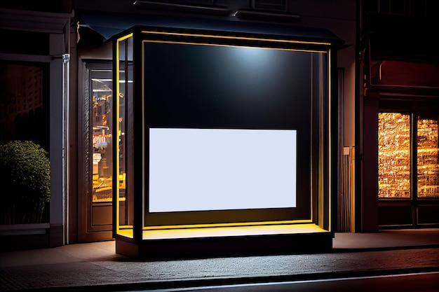 Mockup di tabellone per le affissioni in bianco alla vetrina della strada del negozio in una città di notte Generativo ai