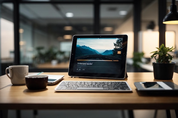 Mockup di tablet con tastiera wireless e spazio vuoto sul tavolo sopra l'ufficio sfocato sullo sfondo