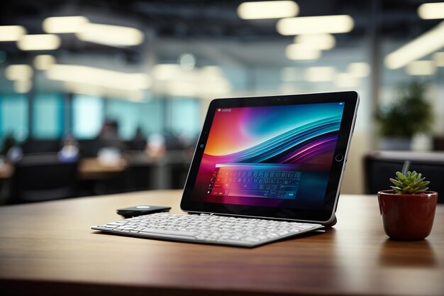 Mockup di tablet con tastiera wireless e spazio vuoto sul tavolo sopra l'ufficio sfocato sullo sfondo