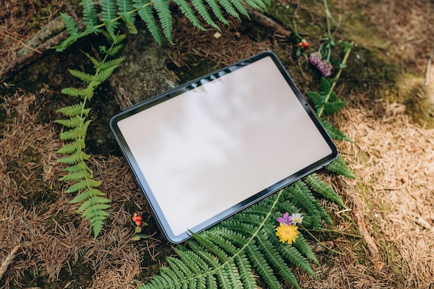 Mockup di tablet sullo sfondo della natura nella foresta. Luogo di lavoro in natura, mockup di ipad con spazio vuoto