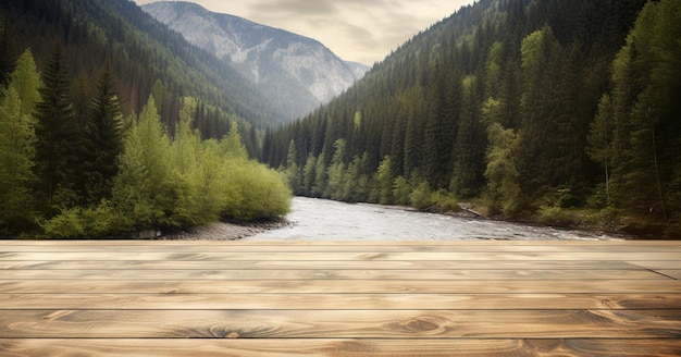 Mockup di tavolo in legno con fiume nella foresta sullo sfondo Spazio di copia vuoto per la presentazione IA generativa