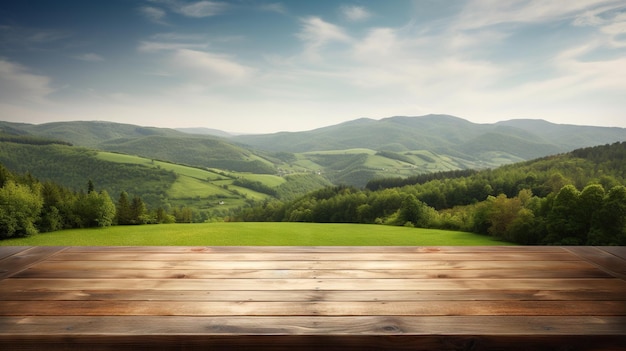 Mockup di tavolo in legno con vivaci colline verdi sullo sfondo Spazio vuoto per la presentazione IA generativa