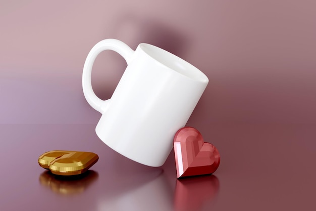 Mockup di tazza bianca con scena di rendering 3D con riflesso su sfondo rosa lucido