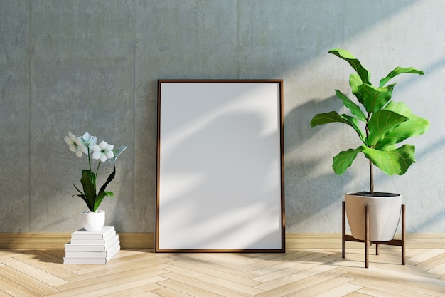 Mockup di telaio con pianta, pavimento in legno e muro di cemento, rendering 3d