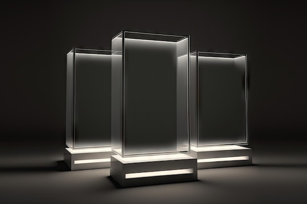 Mockup di tre scatole luminose rettangolari verticali vuote in retroilluminazione grigia