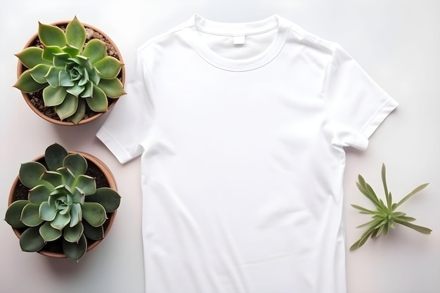 Mockup di tshirt da donna bianca con fiori succulenti su sfondo chiaro Design t shirt modello stampa presentazione mock up Vista dall'alto disposizione piatta AI generato