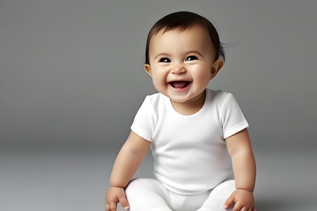 Mockup di tuta da bambino con camicia bianca su sfondo grigio Mockup di presentazione per la stampa del modello di tutina di design Generato dall'IA