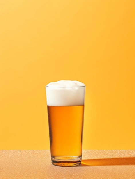 Mockup di un bicchiere di birra con un'etichetta bianca vuota su uno sfondo colorato