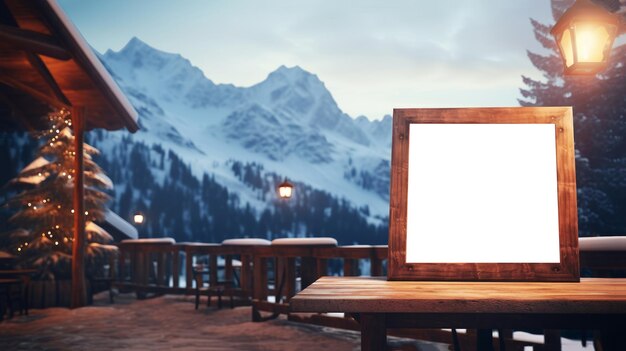 Mockup di un cartello pubblicitario vuoto sullo sfondo di montagne innevate Pubblicità di un caffè o di un hotel di una località invernale