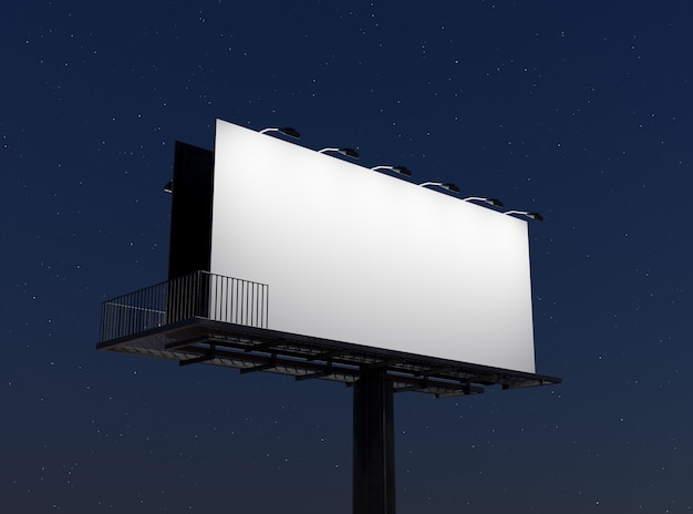 Mockup di un cartellone pubblicitario di strada illuminato con faretti di notte con cielo stellato. Rendering 3D