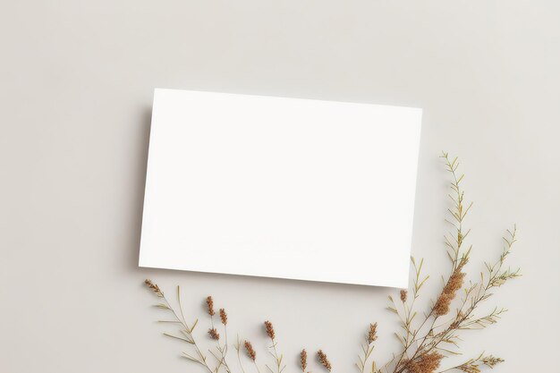 Mockup di un foglio di carta vuoto e fiori secchi sul tavolo Design da cartolina minimalista