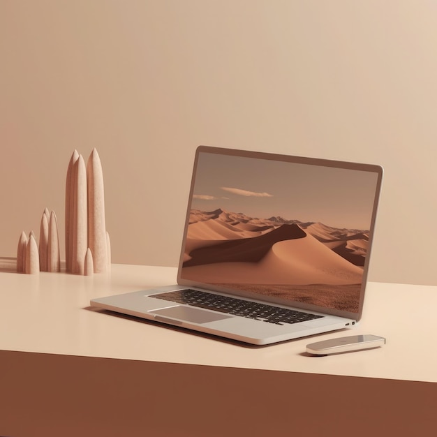 Mockup di un laptop presentato in uno stile di arte digitale con un'illuminazione da studio chiara e luminosa Generative Ai