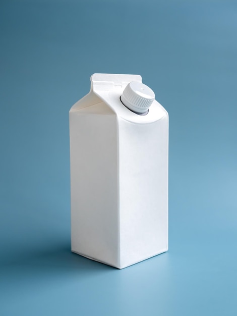 Mockup di un latte bianco o di una scatola di acqua potabile da 1 litro con tappo a vite in piedi isolato su sfondo blu stile verticale Imballaggio pulito del contenitore del latte vuoto con spazio vuoto sulla vista frontale e laterale