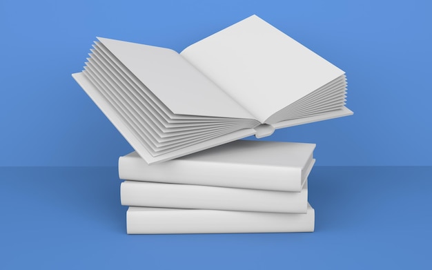 Mockup di un libro volante su una pila di libri modello di copertina rigida d rendering open book mock up