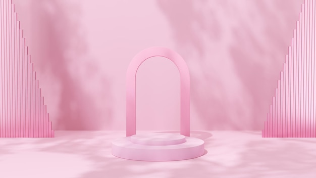 Mockup di un podio a forma di piedistallo con un arco per mostrare il prodotto Sfondo astratto con ombre illustrazione 3d