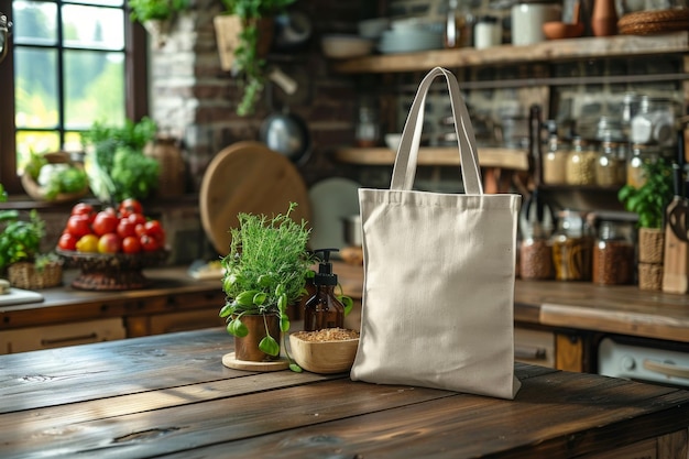 Mockup di una borsa bianca di tela eco in cucina