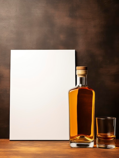 Mockup di una bottiglia di whisky con etichetta bianca su uno sfondo colorato