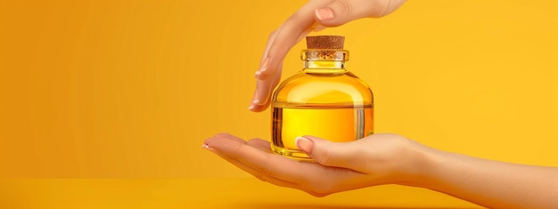 Mockup di una bottiglia gocciolante olio giallo in un barattolo trasparente tenuto da una mano femminile concetto di bellezza con cop