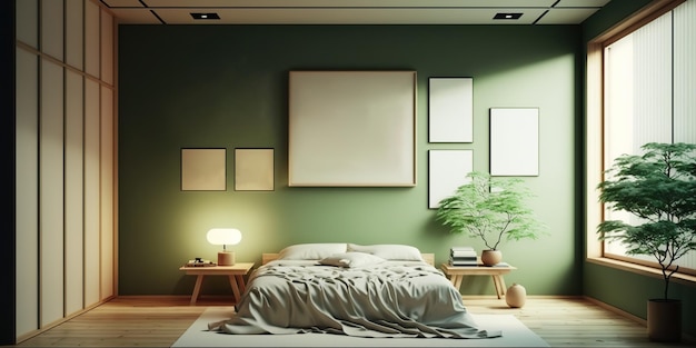 Mockup di una cornice poster in una moderna camera da letto giapponese con decorazioni tradizionali in toni neutri di menta IA generativa