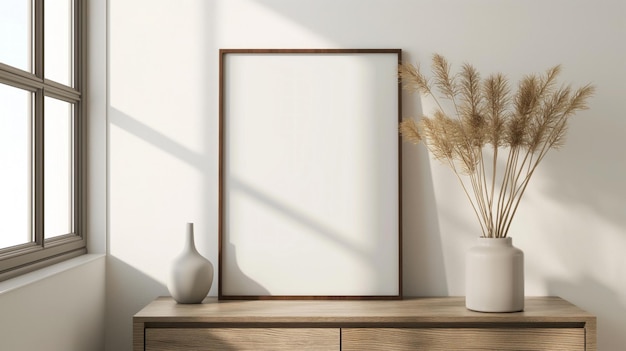 Mockup di una cornice vuota su un armadio con una pianta decorativa accanto in una stanza minimalista